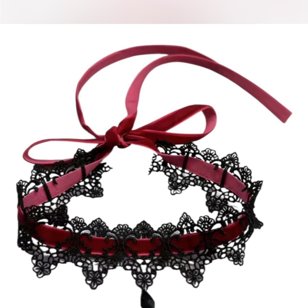 Elegant Black Lace Choker with Red Ribbon
